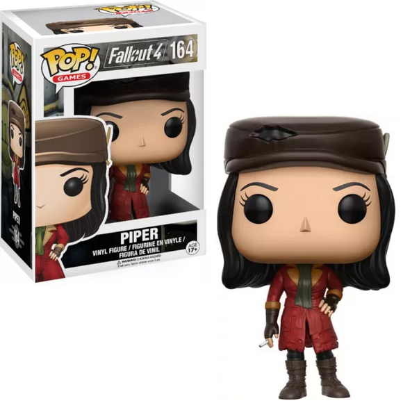 Piper #164 Funko Pop! from Fallout 4 shown in and out of box with red coat and newsboy hat