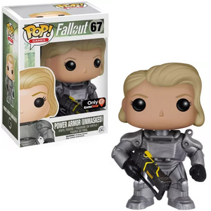 Power Armor (Unmasked Female) #67 Funko Pop! GameStop Exclusive shown in and out of box with T-60 suit and energy rifle