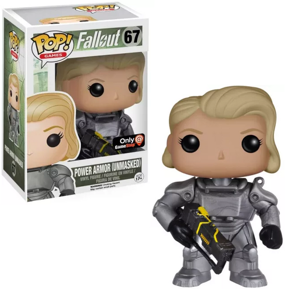 Power Armor (Unmasked Female) #67 Funko Pop! GameStop Exclusive shown in and out of box with T-60 suit and energy rifle