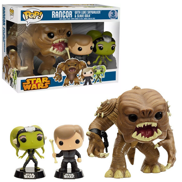 Rancor with Luke Skywalker and Slave Oola Star Wars Deluxe 3 Pack Funko Pop PX Exclusive in box and out of box