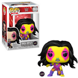 Rhea Ripley #193 WWE Black Light Chase Funko Pop figure in box and out of box with neon colors face paint and ring gear