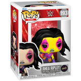 Rhea Ripley #193 WWE Black Light Chase Funko Pop figure in box with neon colors face paint and ring gear