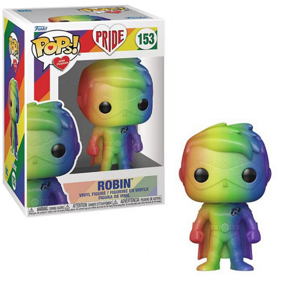 Robin #153 Pride Funko Pop! with rainbow glitter design in box and out of box