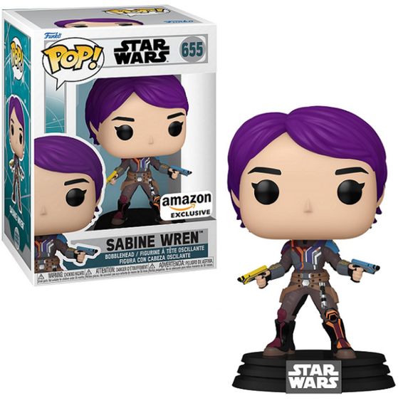 Sabine Wren #655 Star Wars Funko Pop standing with dual blasters and vibrant Mandalorian armor