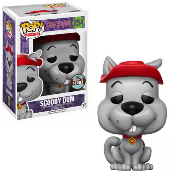 Scooby Dum #254 Funko Pop! Specialty Series shown both in box and out of box with red cap and sleepy expression
