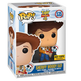 Sheriff Woody Holding Forky #535 Funko Pop displayed inside the box, front view