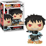 Shinra with Fire #981 Fire Force Funko Pop! Animation BoxLunch exclusive glow-in-the-dark figure shown in box and out of box.