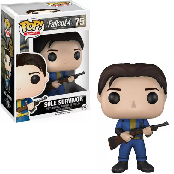 Sole Survivor #75 Funko Pop! from Fallout 4 shown both in box and out of box with Vault-Tec jumpsuit and rifle