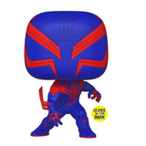 Spider-Man 2099 Funko Pop #1267 GITD EE Exclusive displayed out of the box showing full character details