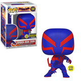 Spider-Man 2099 Funko Pop #1267 GITD EE Exclusive displayed both inside the box and out of the box