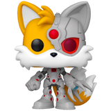 Tails as Cyborg #594 DC x Sonic Funko Pop! out of box with silver armor, red mechanical eye, and cybernetic arm