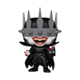 The Batman Who Laughs #524 DC Funko Pop! out of box with spiked visor, black armor, cape, and sinister grin