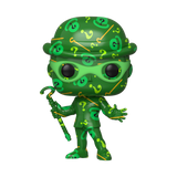 The Riddler #61 Art Series Funko Pop! figure out of box featuring green question-mark patterns, bowler hat graphics, gold cane designs, and signature question-mark staff