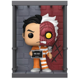 wo-Face #371 DC Batman Funko Pop! out of box with Arkham attire, split-face design, inmate placard, and coin