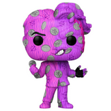 Two-Face #66 Artist Series Funko Pop! figure out of box featuring purple and pink swirling patterns, silver coin graphics, and distinctive half-disfigured face