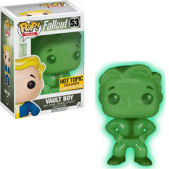 Vault Boy #53 Funko Pop! GITD Hot Topic Exclusive shown in and out of box glowing bright green