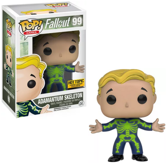 Vault Boy Adamantium Skeleton #99 Fallout Funko Pop! shown in and out of box with glowing bones