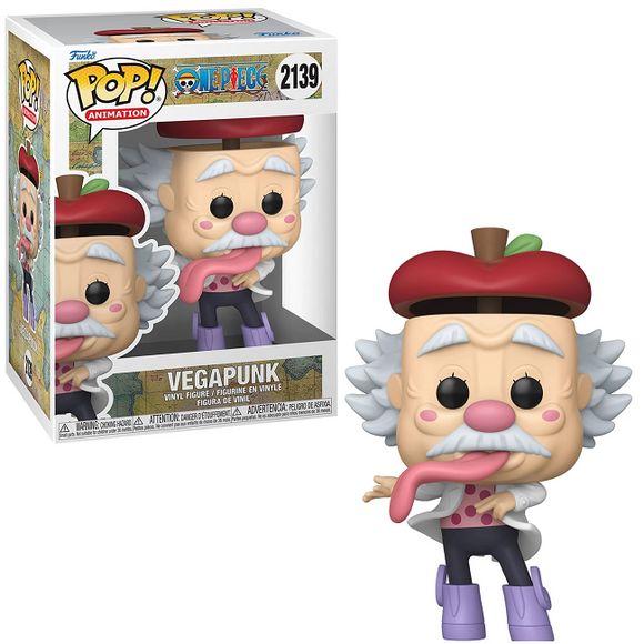 Vegapunk #2139 One Piece Egghead Island Funko Pop! in box and out of box with apple head and wild hair
