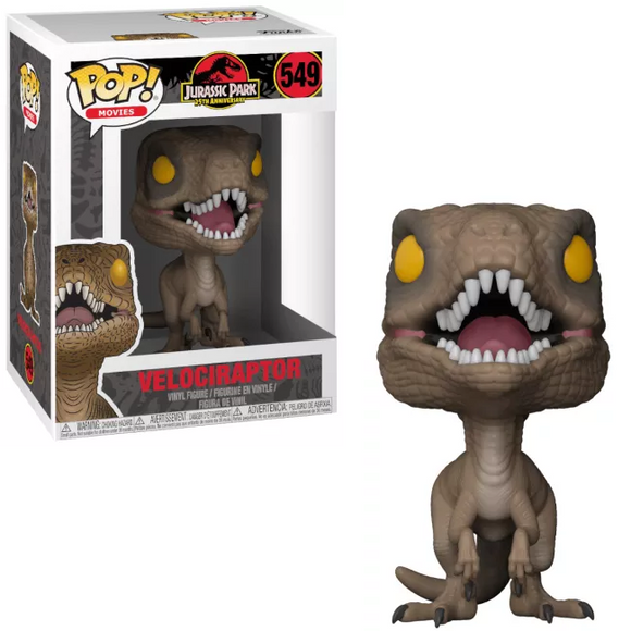 Velociraptor #549 Jurassic Park Funko Pop! with yellow eyes shown in and out of box