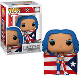 Zelina Vega #160 WWE Funko Pop shown in and out of the box.