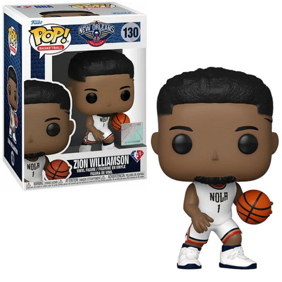 Zion Williamson #130 NBA Funko Pop figure in Pelicans uniform, holding basketball, in and out of box