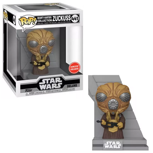 Zuckuss #441 Star Wars Funko Pop with Bounty Hunters base, full figure view