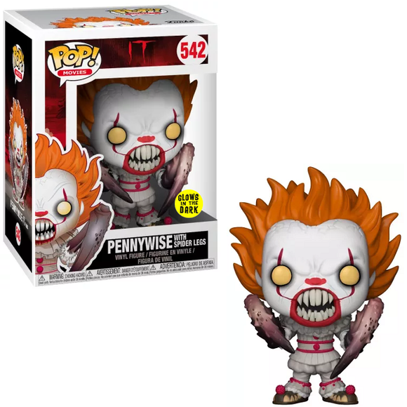 Pennywise with Spider Legs #542 Funko Pop! GITD version shown in and out of box with claws and glowing face