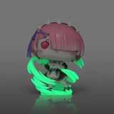 Ram #2116 Re:Zero Funko Pop! Plus out of box with pink hair, maid outfit, and swirling green energy effects with glow