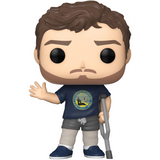 Andy With Leg Casts #1155 Parks and Rec Funko Pop Go Exclusive figure out of box with leg casts and crutches wearing City of Pawnee shirt
