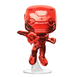 Iron Man #285 Funko Pop! figure out of box featuring metallic red chrome armor, flying pose, and clear display stand