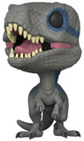 Blue #586 Jurassic World Pop! vinyl figure out of box with blue markings and sharp teeth