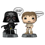 Darth Vader & Luke Skywalker Funko Pop figures out of box posed in lightsaber battle from Star Wars