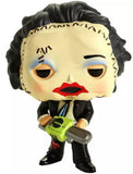 Leatherface #623 Funko Pop! out of box with makeup, black outfit, and chainsaw