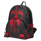 Side view  with Charm of Loungefly Friday The 13th I Heart Horror Mini-Backpack showing straps and trim