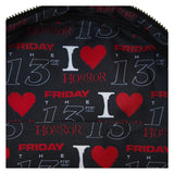 Inside liner of Loungefly Friday The 13th I Heart Horror Mini-Backpack with themed horror print