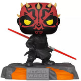 Darth Maul #520 GitD Funko Pop posed with double lightsaber on lava base