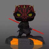 Darth Maul #520 GitD Funko Pop posed with double lightsaber on lava base with glow