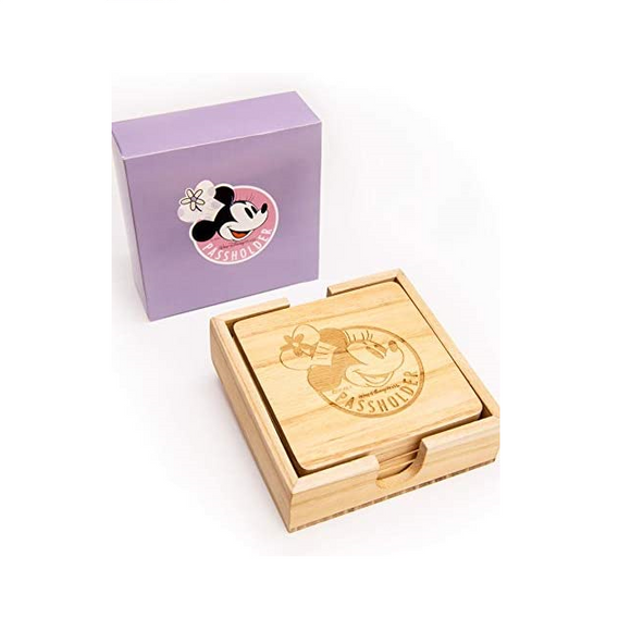 Disney World Passholder 2019 Food Wine Minnie Mouse Wooden Coasters Set of 4 [New]